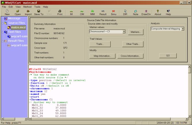 WinQTLCart's Main window allows you 
	to move between open files, control analysis parameters, and display chromosome 
	graphics.